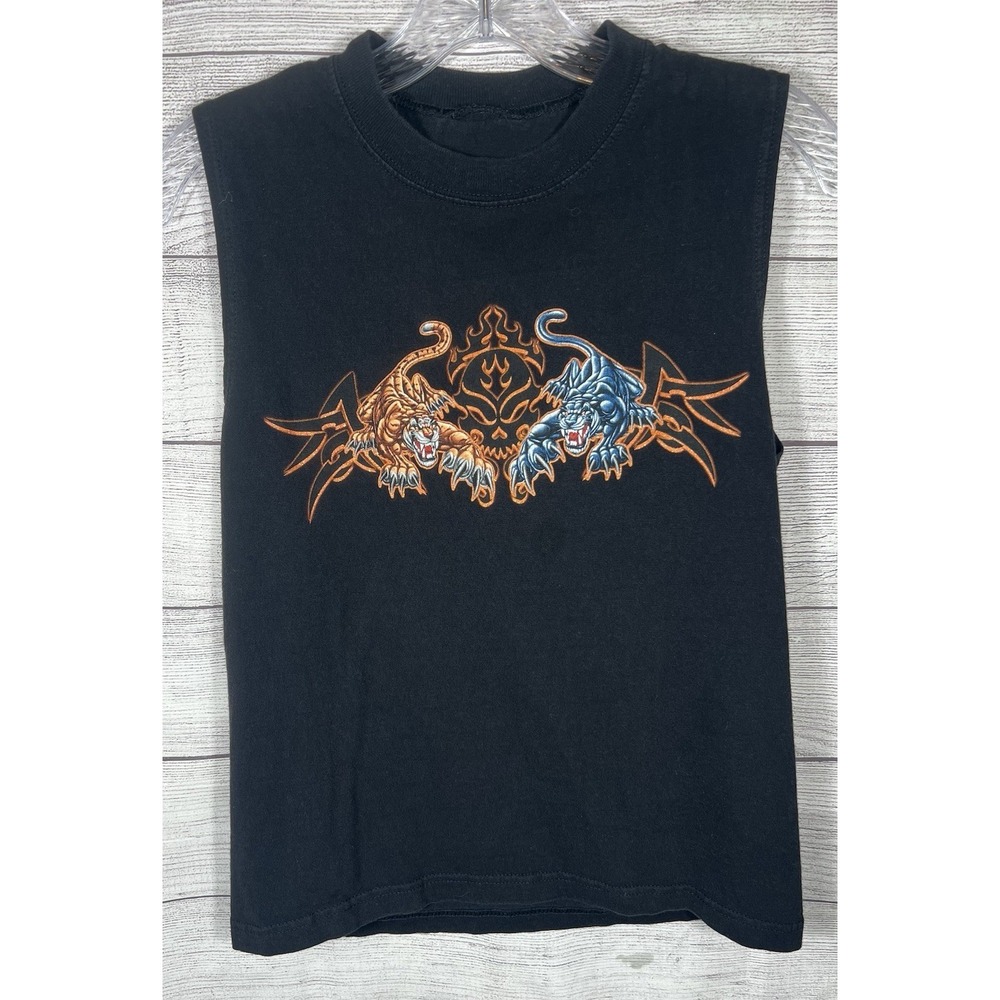 Vintage Y2K Youth Sleeveless Tiger Skull Graphic T Shirt Black